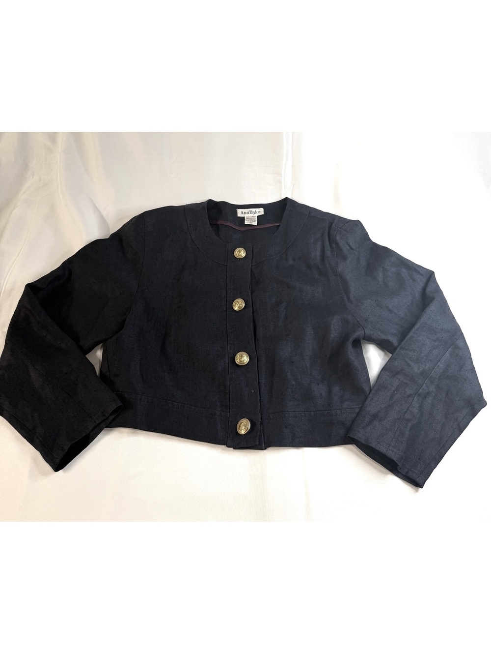Ann Taylor Women's Navy Blue 100% Linen Cropped Jacket with Gold Buttons Size 8